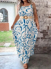 SHEIN LUNE 大碼滿版印花吊帶連衣裙不附腰帶 - 彩色 - 查看 3