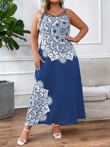 大碼曼陀羅印花吊帶洋裝 - 藍色 - 查看 1