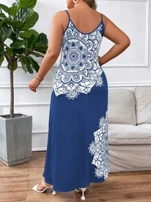 大碼曼陀羅印花吊帶洋裝 - 藍色 - 查看 2