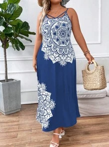 大碼曼陀羅印花吊帶洋裝 - 藍色 - 查看 5