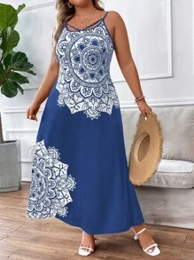 大碼曼陀羅印花吊帶洋裝 - 藍色 - 查看 8