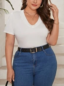 SHEIN Essnce Áo thun Plus size màu trơn Giải trí - trắng - Xem 4