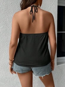 SHEIN LUNE 大碼拼接水溶蕾絲掛脖上衣 - 黑色 - 查看 2