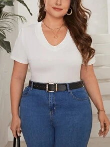 SHEIN Essnce Áo thun Plus size màu trơn Giải trí - trắng - Xem 6