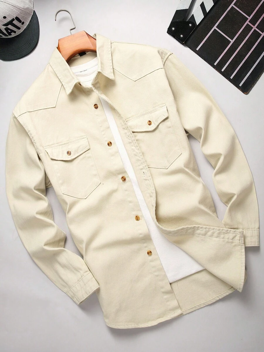 Manfinity Men Flap Pocket Denim Shirt Without Tee - Apricot - View 1