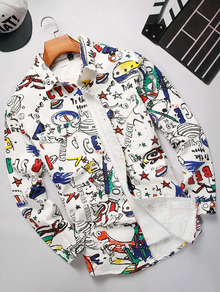 Manfinity 男士塗鴉印花牛仔襯衫,不帶內搭t恤 - 白色 - 查看 1