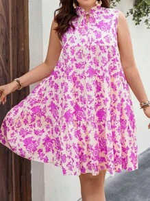 SHEIN Holidaya Vestido smock con estampado floral de cuello con cordón bajo con fruncido - Rosa Fucsia - Ver 1