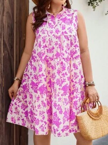 SHEIN Holidaya Vestido smock con estampado floral de cuello con cordón bajo con fruncido - Rosa Fucsia - Ver 3