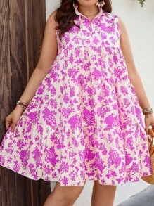 SHEIN Holidaya Vestido smock con estampado floral de cuello con cordón bajo con fruncido - Rosa Fucsia - Ver 5