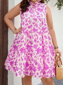 SHEIN Holidaya Vestido smock con estampado floral de cuello con cordón bajo con fruncido - Rosa Fucsia - Ver 6