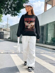 Coolane Eagle & Letter Graphic Drop Shoulder Sweatshirt - Black - View 6