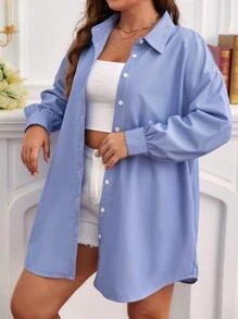 SHEIN Frenchy 大碼落肩袖前紐扣襯衫 - 藍色 - 查看 3