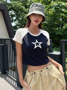 DAZY 星星印花拉幹袖短版t恤 - 米色 - 查看 4