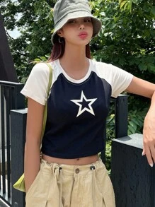 DAZY 星星印花拉幹袖短版t恤 - 米色 - 查看 2