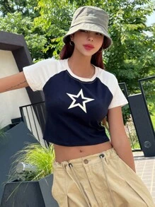 DAZY 星星印花拉幹袖短版t恤 - 米色 - 查看 5