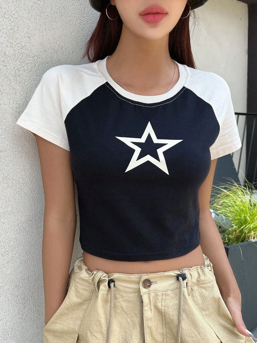 DAZY 星星印花拉幹袖短版t恤 - 米色 - 查看 1