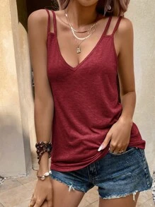 SHEIN LUNE Áo khoác và áo lót dành cho xe tăng nữ Cắt ra màu trơn Giải trí - Màu Đỏ Sâu - Xem 4