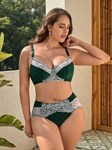 Plus對比花邊內衣套裝，內衣和背心褲套裝 - 綠色 - 查看 5