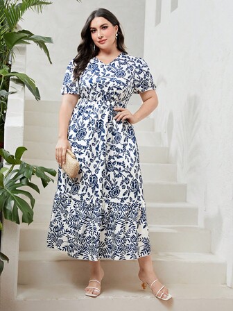 Mulvari 大碼印花泡泡袖連衣裙