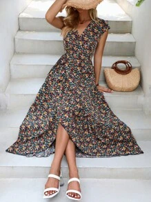 SHEIN VCAY Ditsy Floral Print Knot Side Wrap Dress - Multicolor - View 4