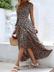 SHEIN VCAY Ditsy Floral Print Knot Side Wrap Dress - Multicolor - View 5