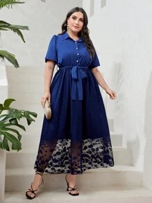Modelyn 大碼蕾絲拼接腰帶襯衫連衣裙 - 藏蓝色 - 查看 1