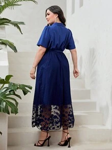 Modelyn 大碼蕾絲拼接腰帶襯衫連衣裙 - 藏蓝色 - 查看 2