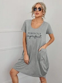 EMERY ROSE Letter Graphic Dual Pockets Tee Dress T Shirt Dress - Grey - View 3
