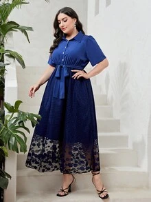 Modelyn 大碼蕾絲拼接腰帶襯衫連衣裙 - 藏蓝色 - 查看 4