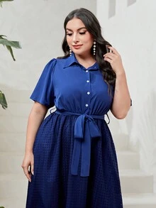 Modelyn 大碼蕾絲拼接腰帶襯衫連衣裙 - 藏蓝色 - 查看 5