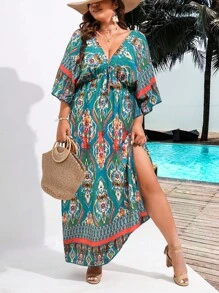 SHEIN Clasi Đầm Plus Size Tách cao Bộ lạc Boho - màu xanh lá - Xem 1