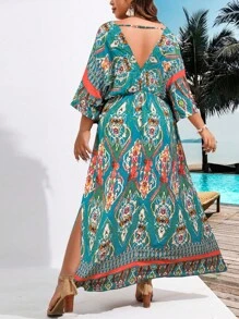 SHEIN Clasi Đầm Plus Size Tách cao Bộ lạc Boho - màu xanh lá - Xem 2