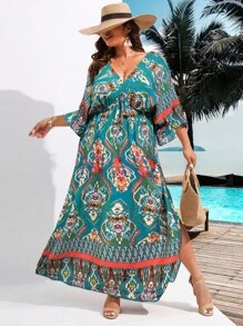 SHEIN Clasi Đầm Plus Size Tách cao Bộ lạc Boho - màu xanh lá - Xem 3