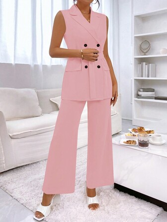 SHEIN Privé 雙排釦馬甲西裝外套和闊腿褲