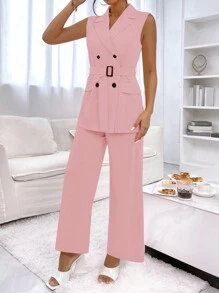 SHEIN Privé 雙排釦馬甲西裝外套和闊腿褲 - 粉色 - 查看 4