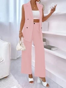 SHEIN Privé 雙排釦馬甲西裝外套和闊腿褲 - 粉色 - 查看 6