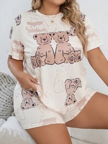 Plus Bear & Letter Graphic PJ Set / Pajama Set - Multicolor - View 1