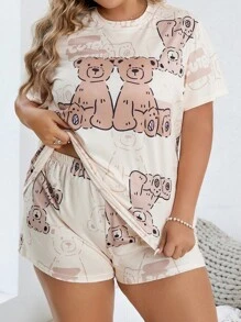 Plus Bear & Letter Graphic PJ Set / Pajama Set - Multicolor - View 3