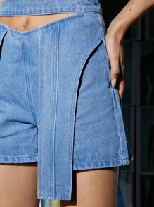 MAY‘G Designer Cut Out Draped Front Denim Shorts - Light Wash - View 3