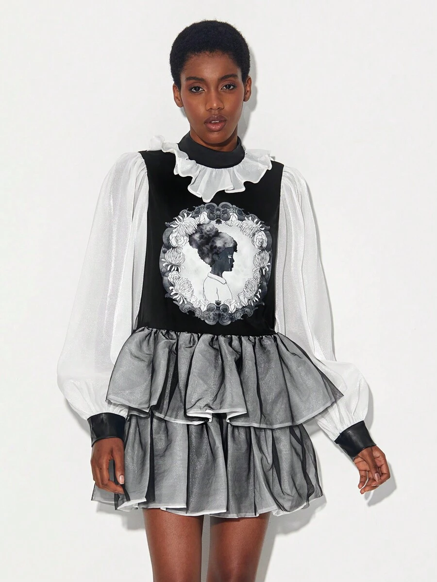 Sparks of Transformation Figure Graphic Ruffle Trim Layered Hem Organza Dress - Black and White - View 1