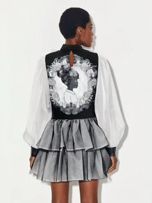 Sparks of Transformation Figure Graphic Ruffle Trim Layered Hem Organza Dress - Black and White - View 2