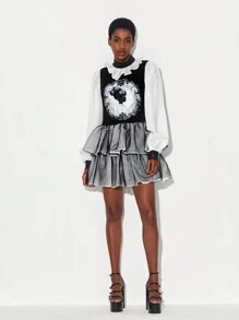 Sparks of Transformation Figure Graphic Ruffle Trim Layered Hem Organza Dress - Black and White - View 4