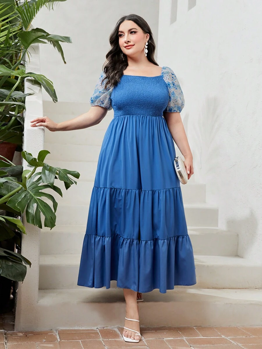Modelyn Plus Floral Print Puff Sleeve Ruffle Hem Dress - Blue - View 1