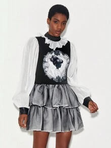 Sparks of Transformation Figure Graphic Ruffle Trim Layered Hem Organza Dress - Black and White - View 6