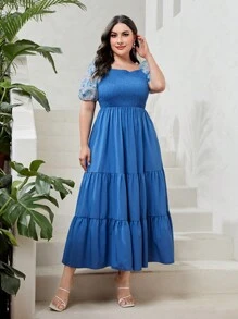 Modelyn Plus Floral Print Puff Sleeve Ruffle Hem Dress - Blue - View 3
