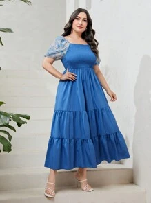 Modelyn Plus Floral Print Puff Sleeve Ruffle Hem Dress - Blue - View 5