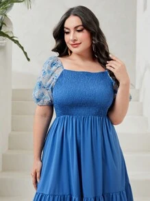 Modelyn Plus Floral Print Puff Sleeve Ruffle Hem Dress - Blue - View 6
