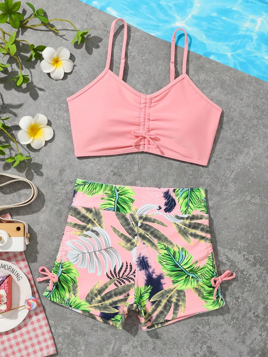 Tween Girl Tropical Print Drawstring Bikini Set Summer Beach - Pink - View 1