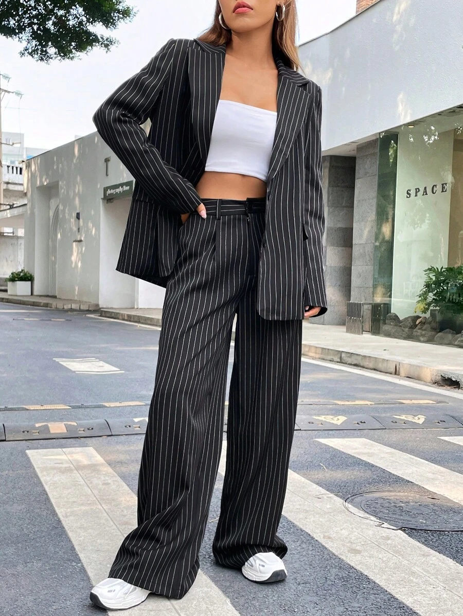 SHEIN X Antonella SHEIN EZwear 條紋印花西裝領西裝外套和闊腿褲不附抹胸 - 黑色 - 查看 1