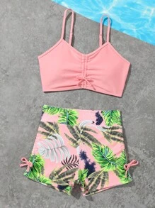 Tween Girl Tropical Print Drawstring Bikini Set Summer Beach - Pink - View 3